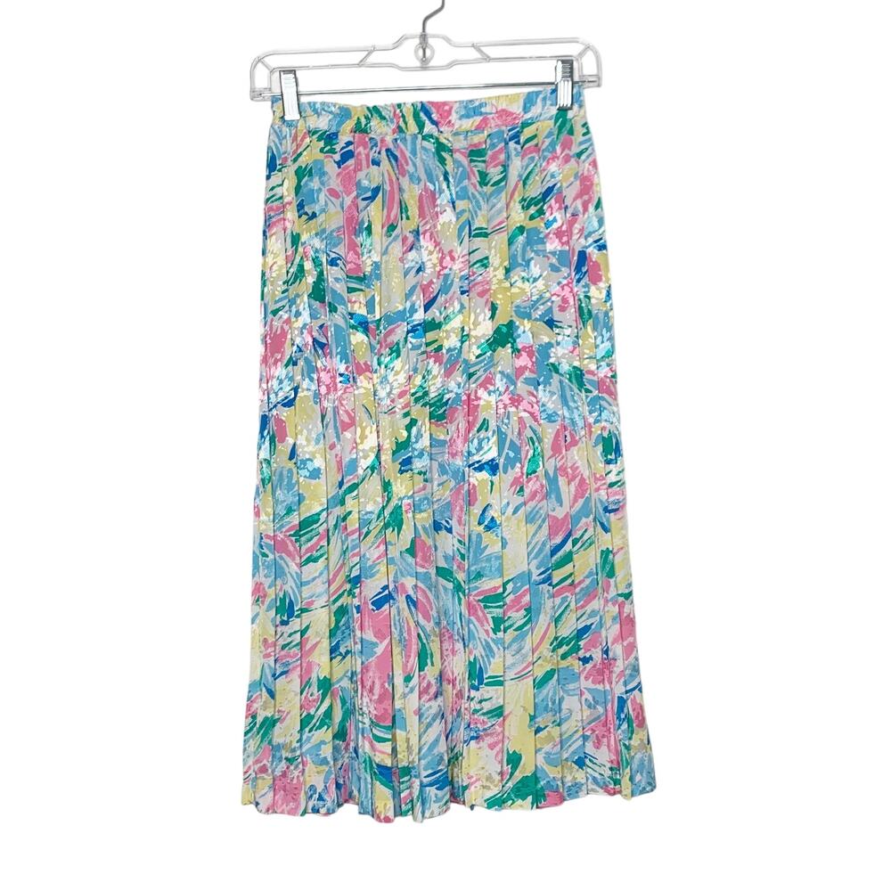 VINTAGE ANDREA GAYLE PETITES Midi Pleated Skirt Elastic Waist Multicolor Size SP